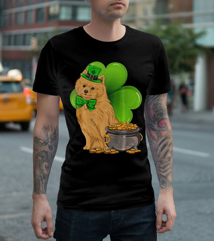 Pomeranian St Patricks Day Leprechaun Dog with Pot of Gold and Clover T-Shirt