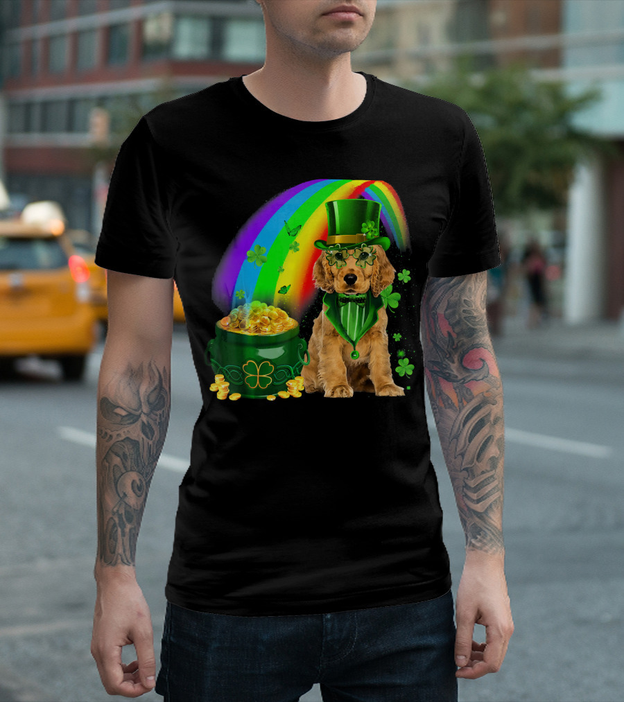 Cocker Spaniel Dog Wearing Irish Leprechaun Hat With Gold Coins And Rainbow T-Shirt