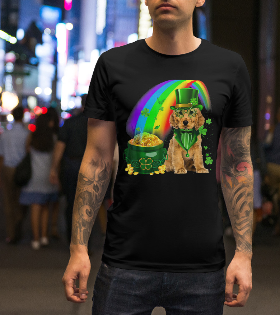Cocker Spaniel Dog Wearing Irish Leprechaun Hat With Gold Coins And Rainbow T-Shirt