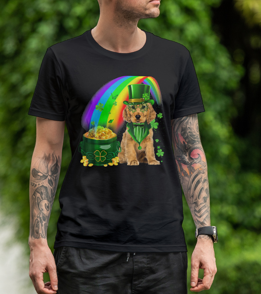 Cocker Spaniel Dog Wearing Irish Leprechaun Hat With Gold Coins And Rainbow T-Shirt