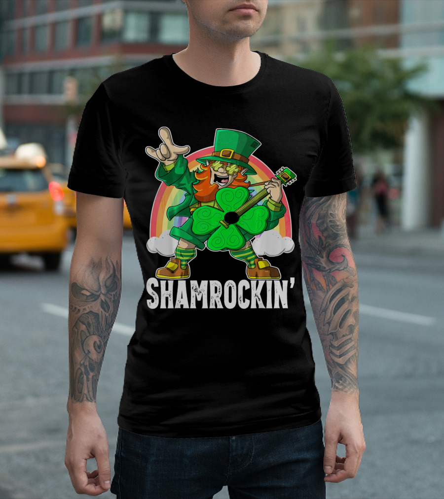 Shamrockin' Leprechaun Rainbow Guitar T-Shirt