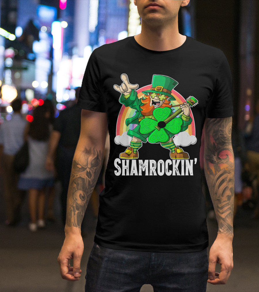 Shamrockin' Leprechaun Rainbow Guitar T-Shirt