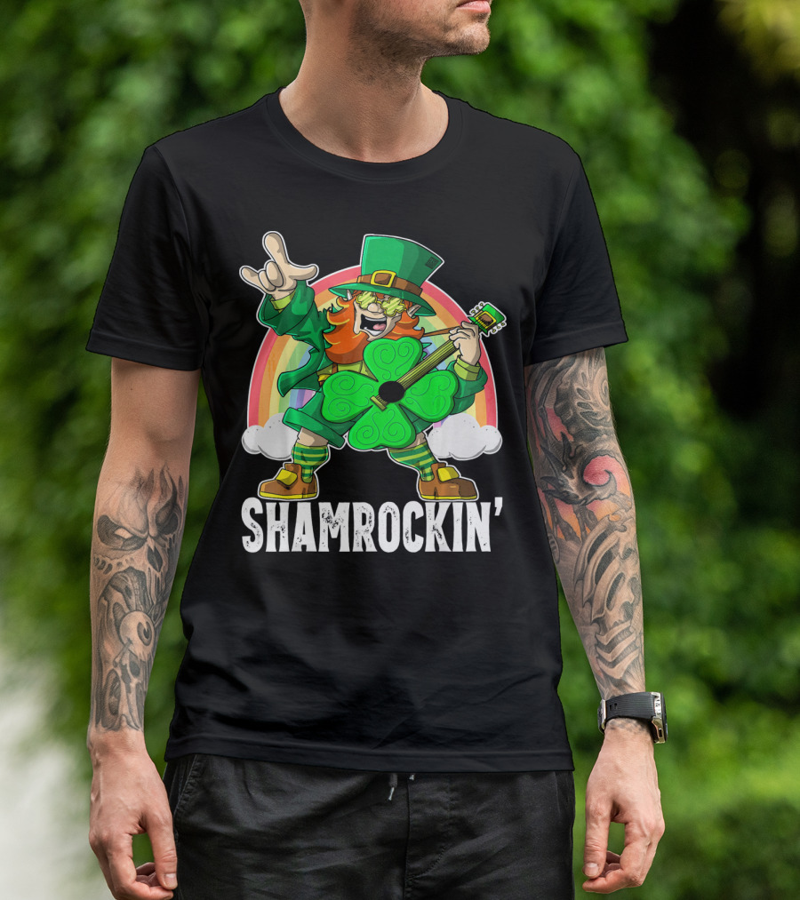 Shamrockin' Leprechaun Rainbow Guitar T-Shirt