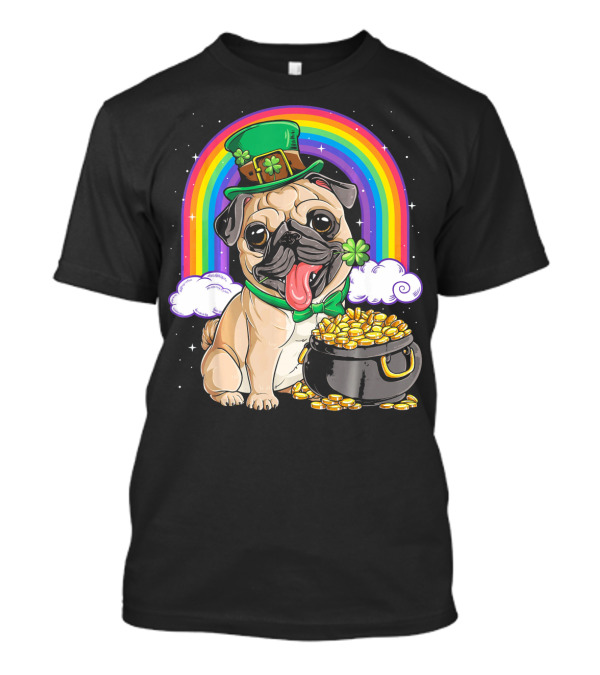 Pug St Patricks Day Boys Men Lep Leprechaun Hat Rainbow Pot Of Gold T-Shirt