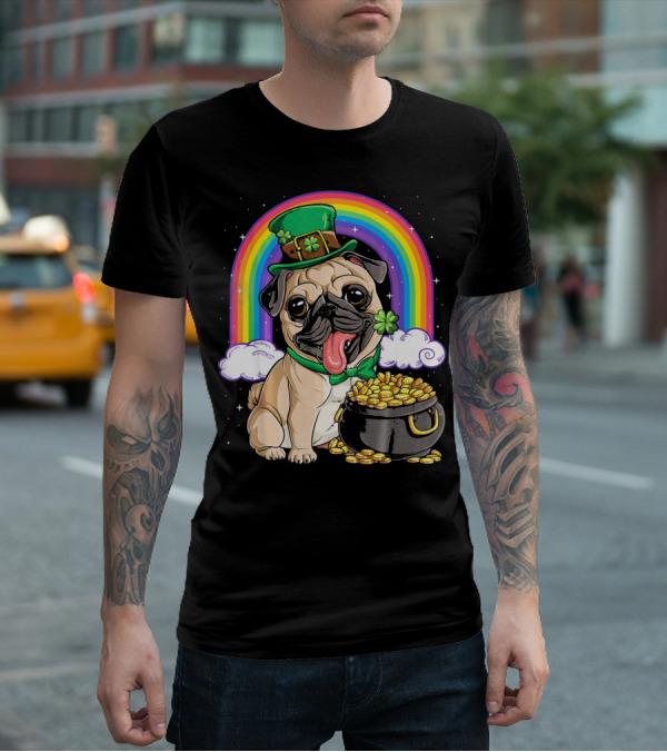 Pug St Patricks Day Boys Men Lep Leprechaun Hat Rainbow Pot Of Gold T-Shirt