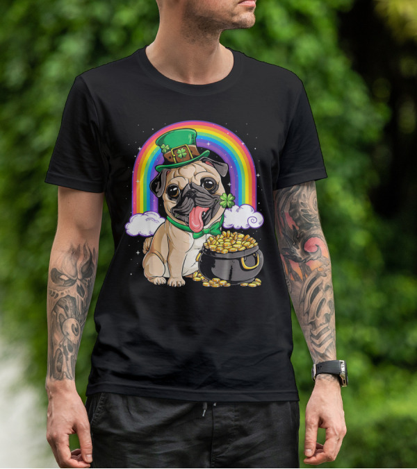 Pug St Patricks Day Boys Men Lep Leprechaun Hat Rainbow Pot Of Gold T-Shirt