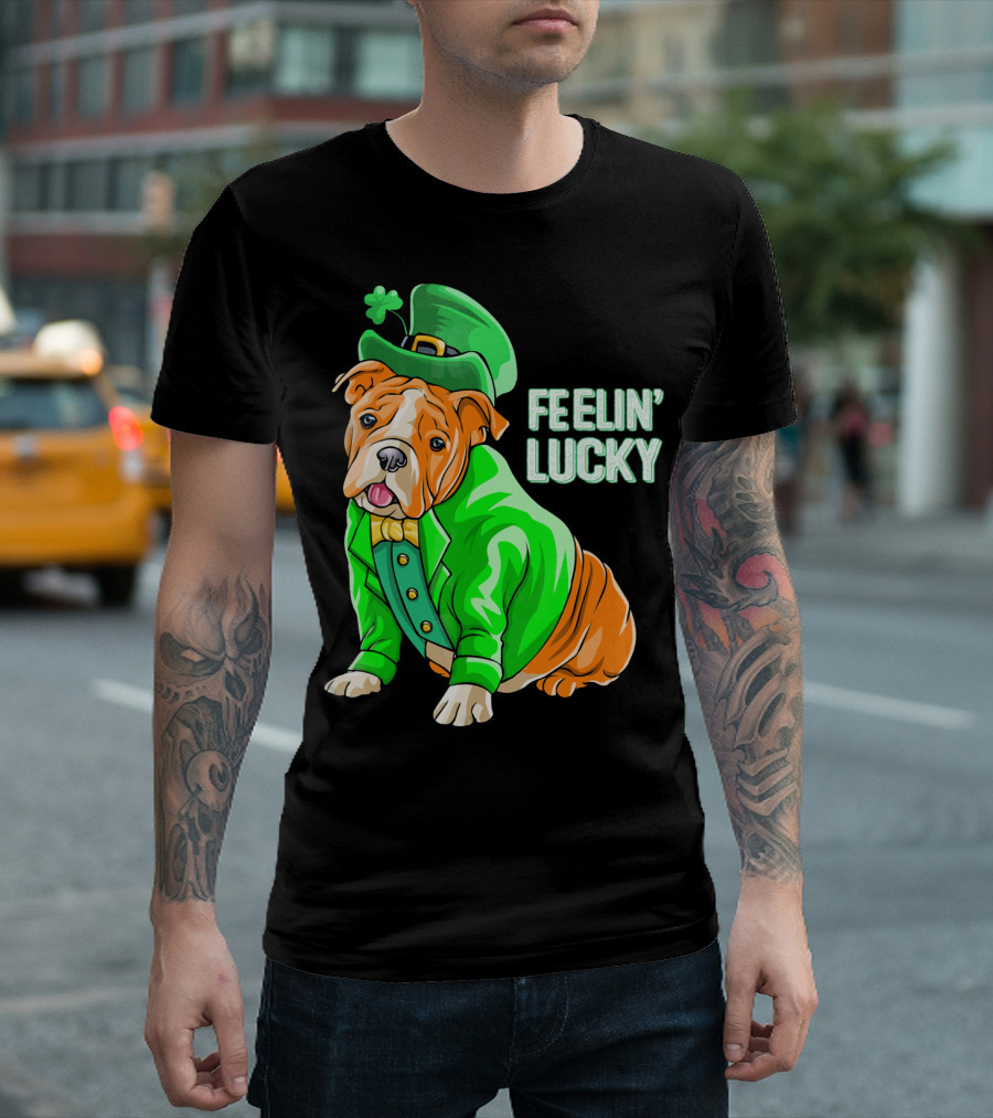Feelin' Lucky Bulldog in Green Leprechaun T-Shirt