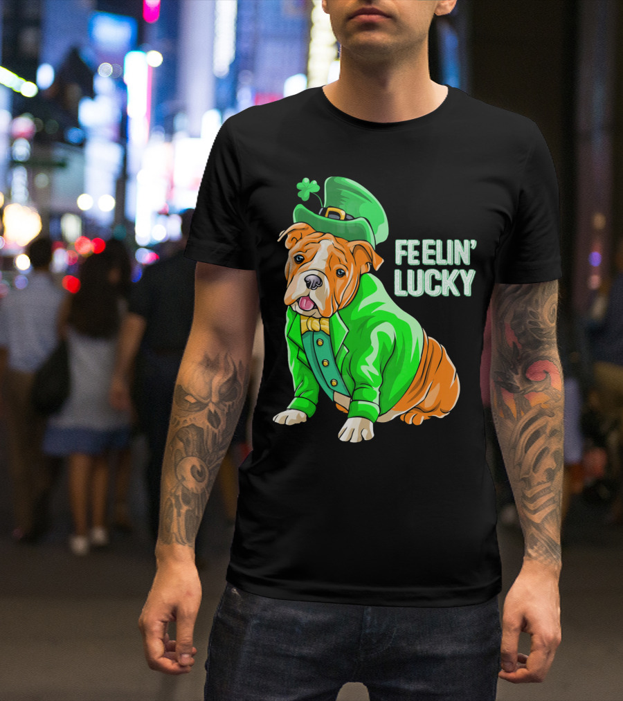 Feelin' Lucky Bulldog In Green Leprechaun T-Shirt