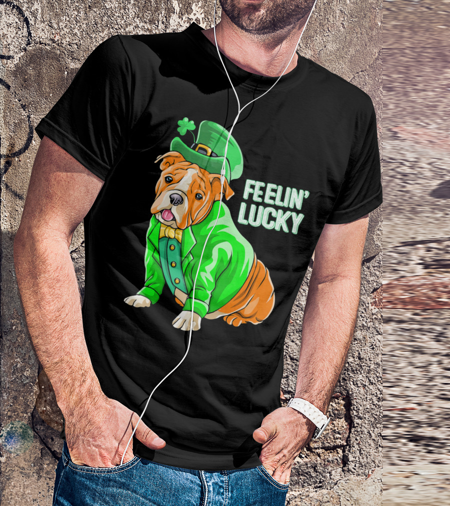 Feelin' Lucky Bulldog In Green Leprechaun T-Shirt
