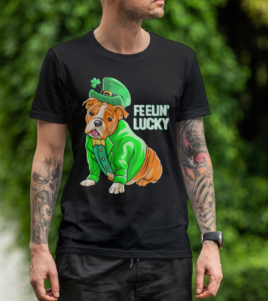 Feelin' Lucky Bulldog In Green Leprechaun T-Shirt