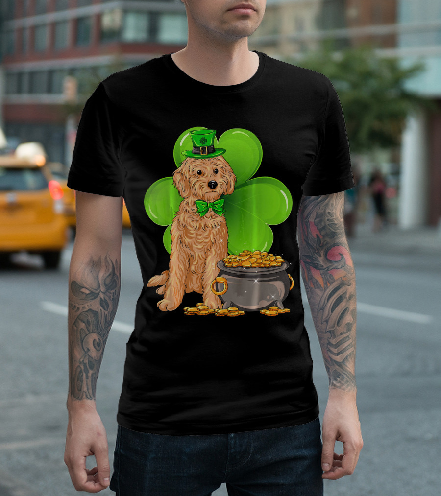 Cockapoo St Patricks Day Leprechaun Dog with Shamrock and Pot of Gold T-Shirt