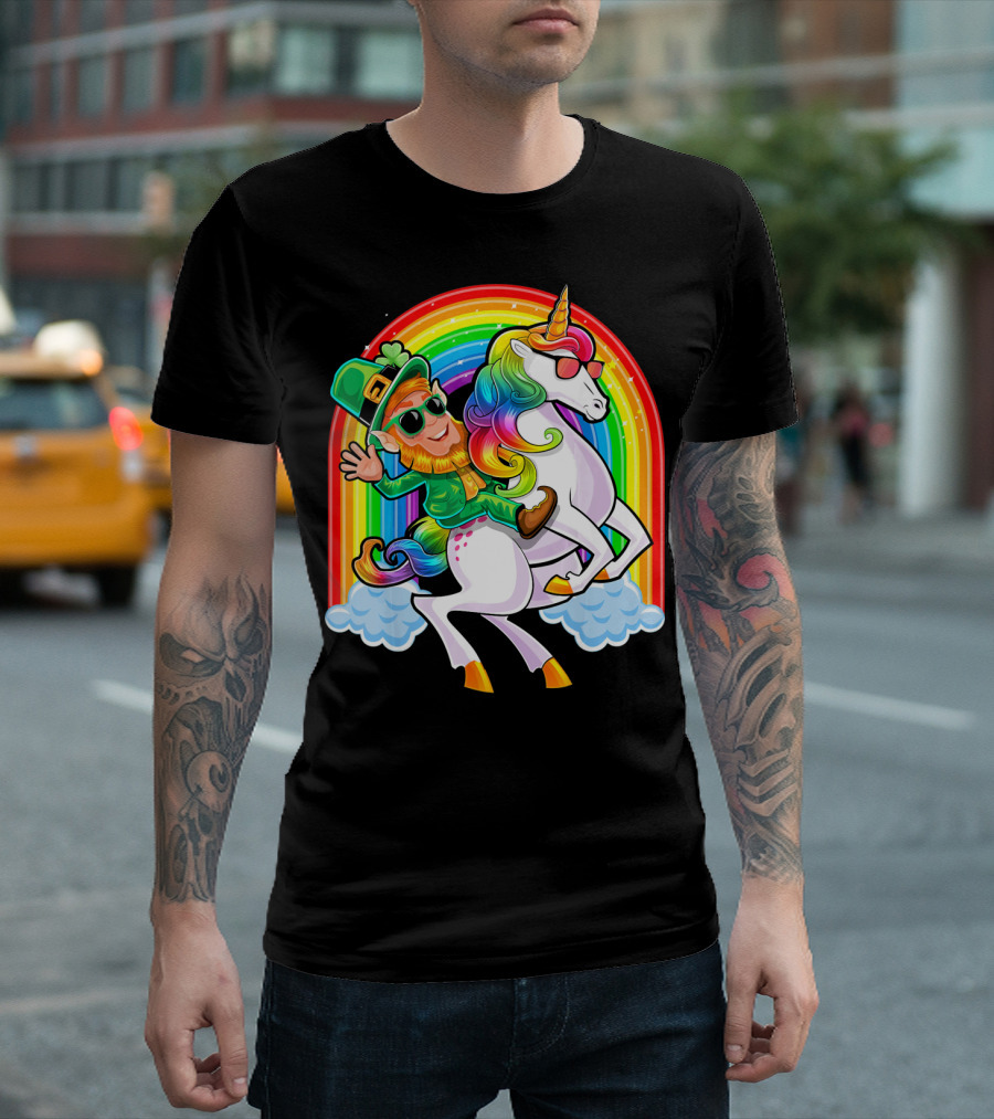 St Patricks Day Rainbow Unicorn And Leprechaun Riding Clouds T-Shirt