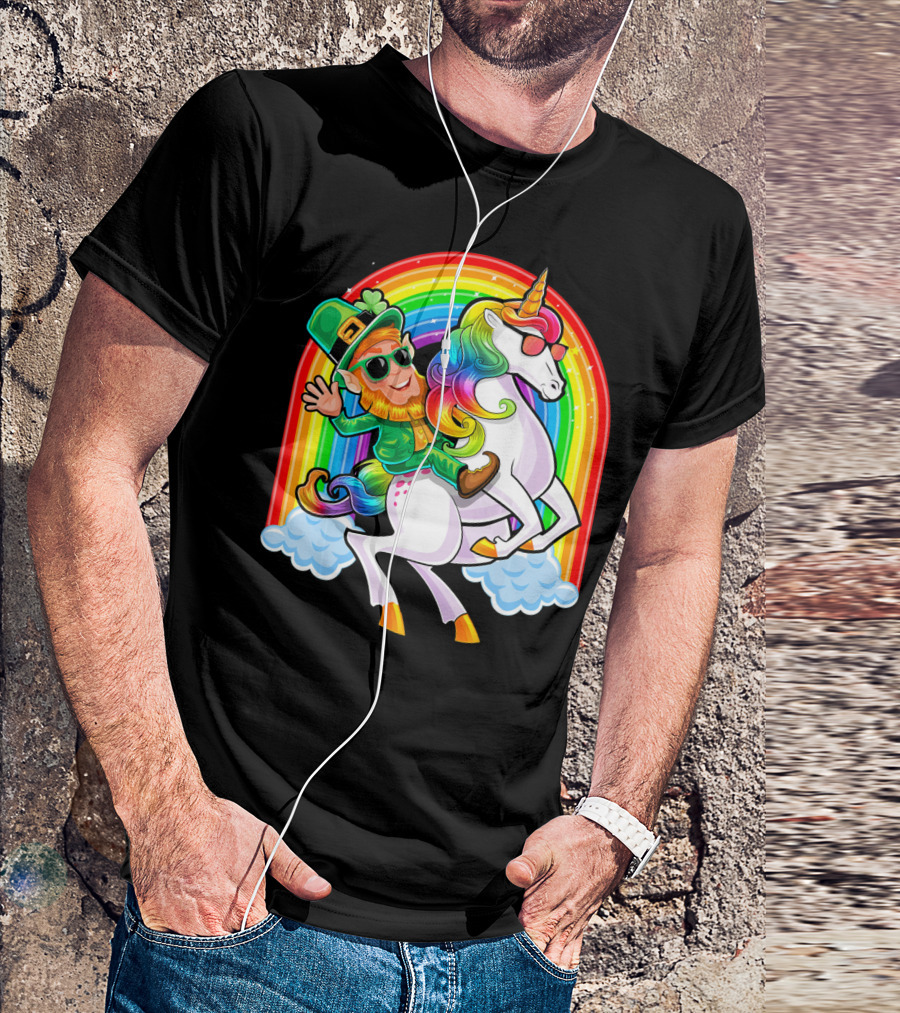 St Patricks Day Rainbow Unicorn And Leprechaun Riding Clouds T-Shirt