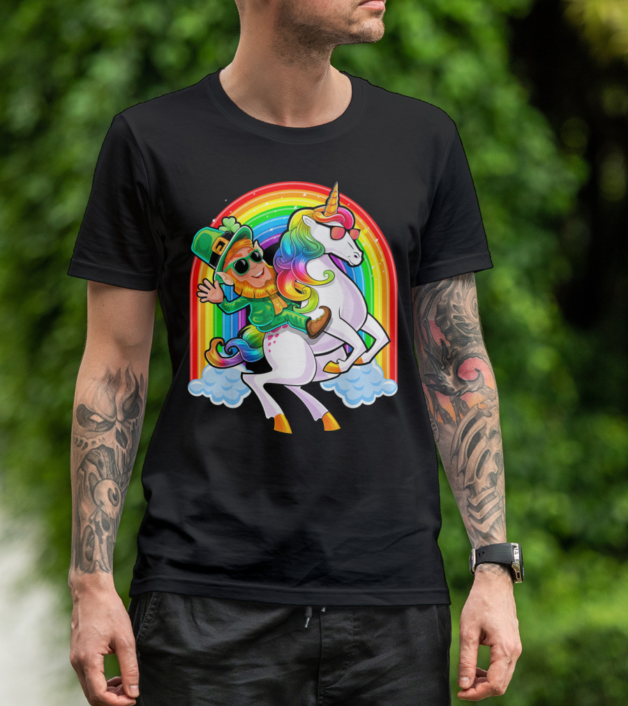 St Patricks Day Rainbow Unicorn And Leprechaun Riding Clouds T-Shirt