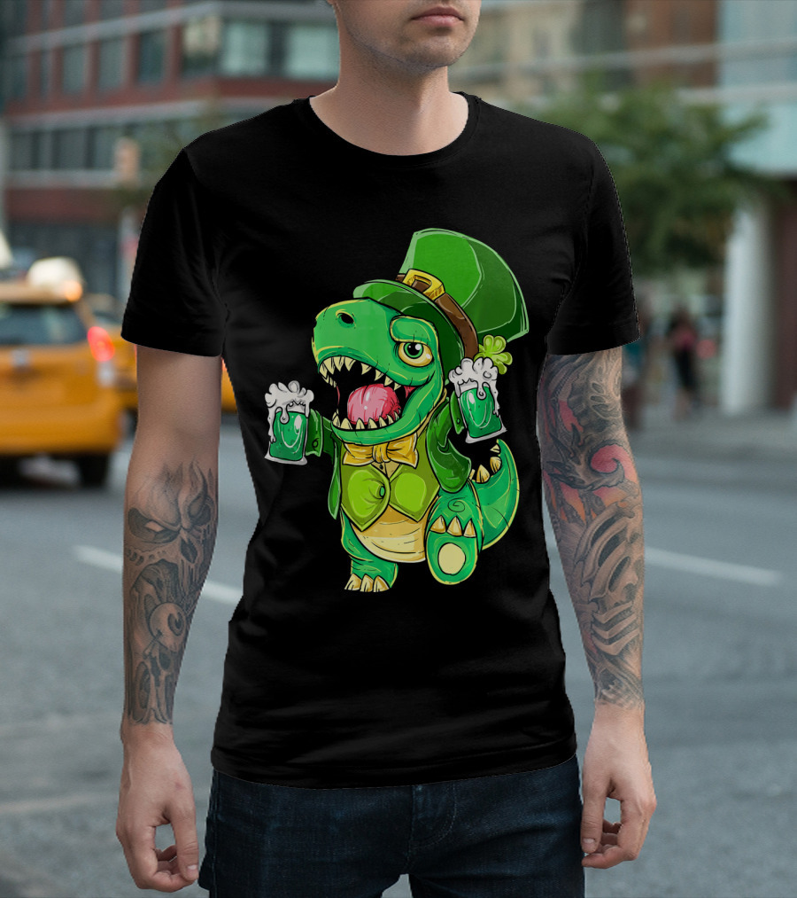 St Patricks Day Irish Dinosaur Holding Two Beers in Green Outfit and Hat T-Shirt