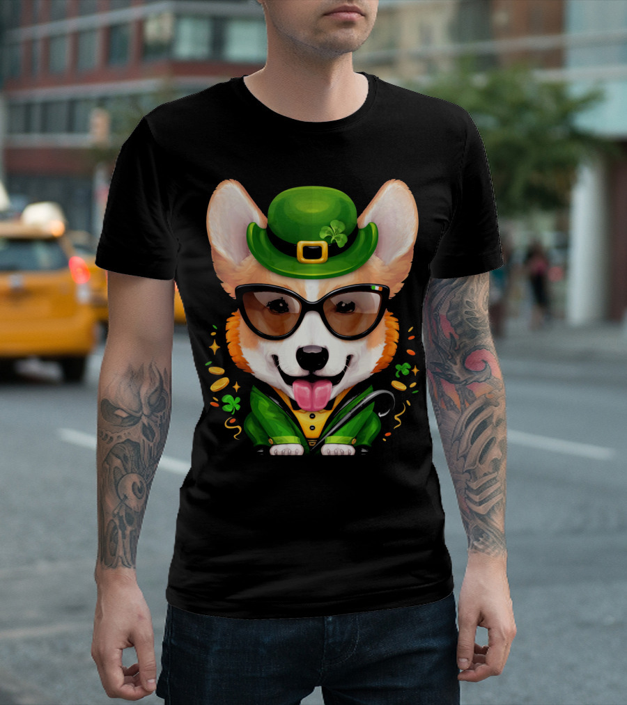 Welsh Corgi in Leprechaun Outfit with Sunglasses and Shamrocks T-Shirt