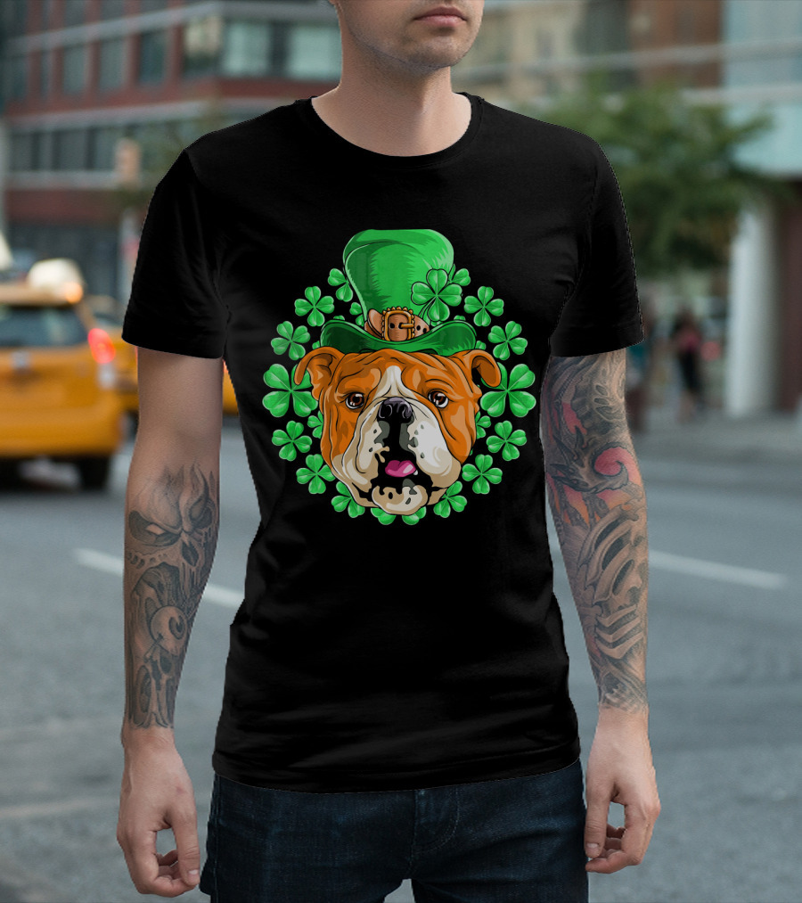 English Bulldog in Leprechaun Hat with Clover Background T-Shirt
