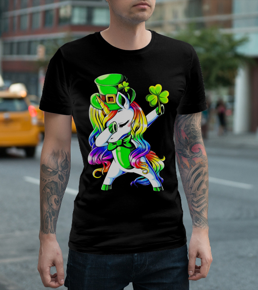 Dabbing Unicorn with Rainbow Mane and Shamrock Hat T-Shirt