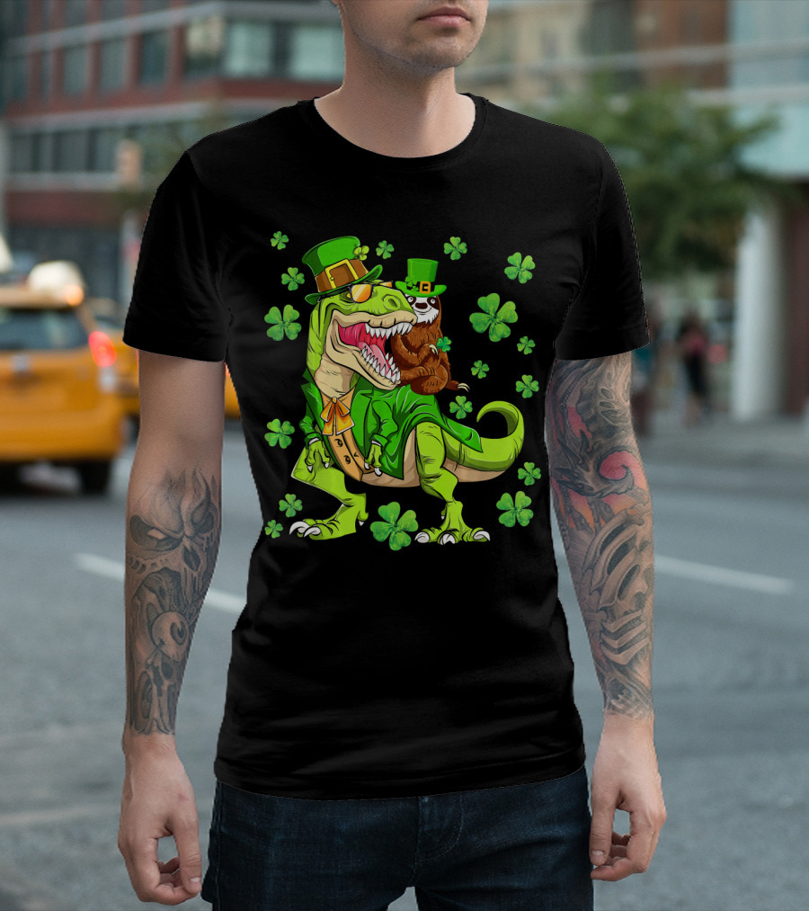 Leprechaun Sloth with Shamrocks Riding Dinosaur Rex in Green Attire T-Shirt