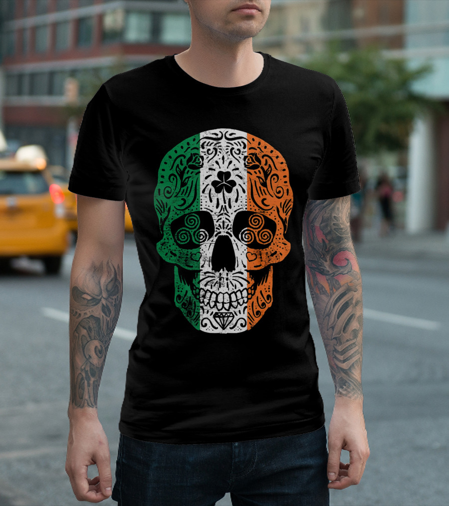 Irish Flag Sugar Skull Shamrock St Patricks T-Shirt
