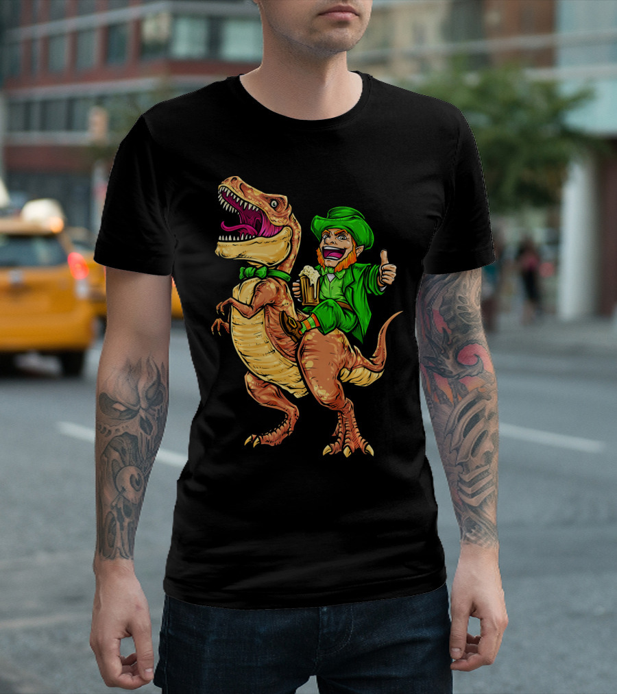 St. Patricks Day Lucky Leprechaun Riding Dinosaur with Beer T-Shirt