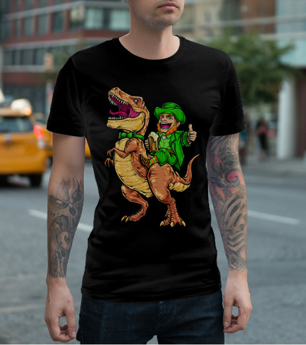 St. Patricks Day Lucky Leprechaun Riding Dinosaur With Beer T-Shirt