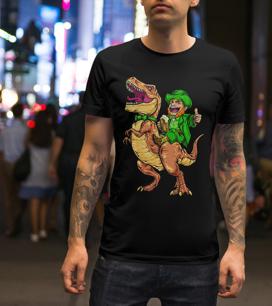 St. Patricks Day Lucky Leprechaun Riding Dinosaur With Beer T-Shirt