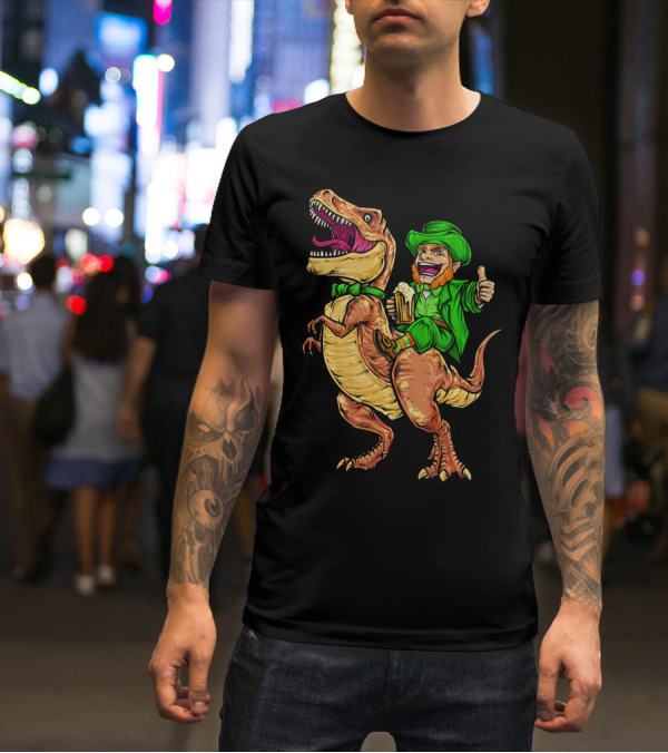 St. Patricks Day Lucky Leprechaun Riding Dinosaur With Beer T-Shirt