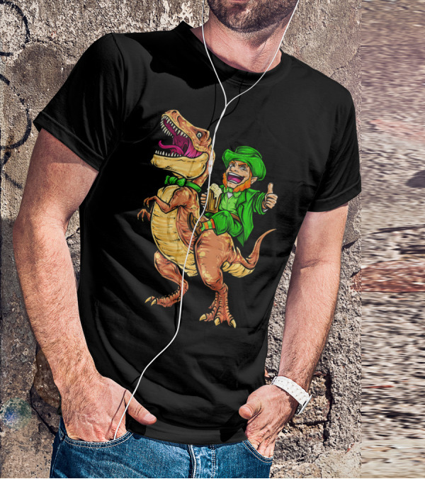 St. Patricks Day Lucky Leprechaun Riding Dinosaur With Beer T-Shirt