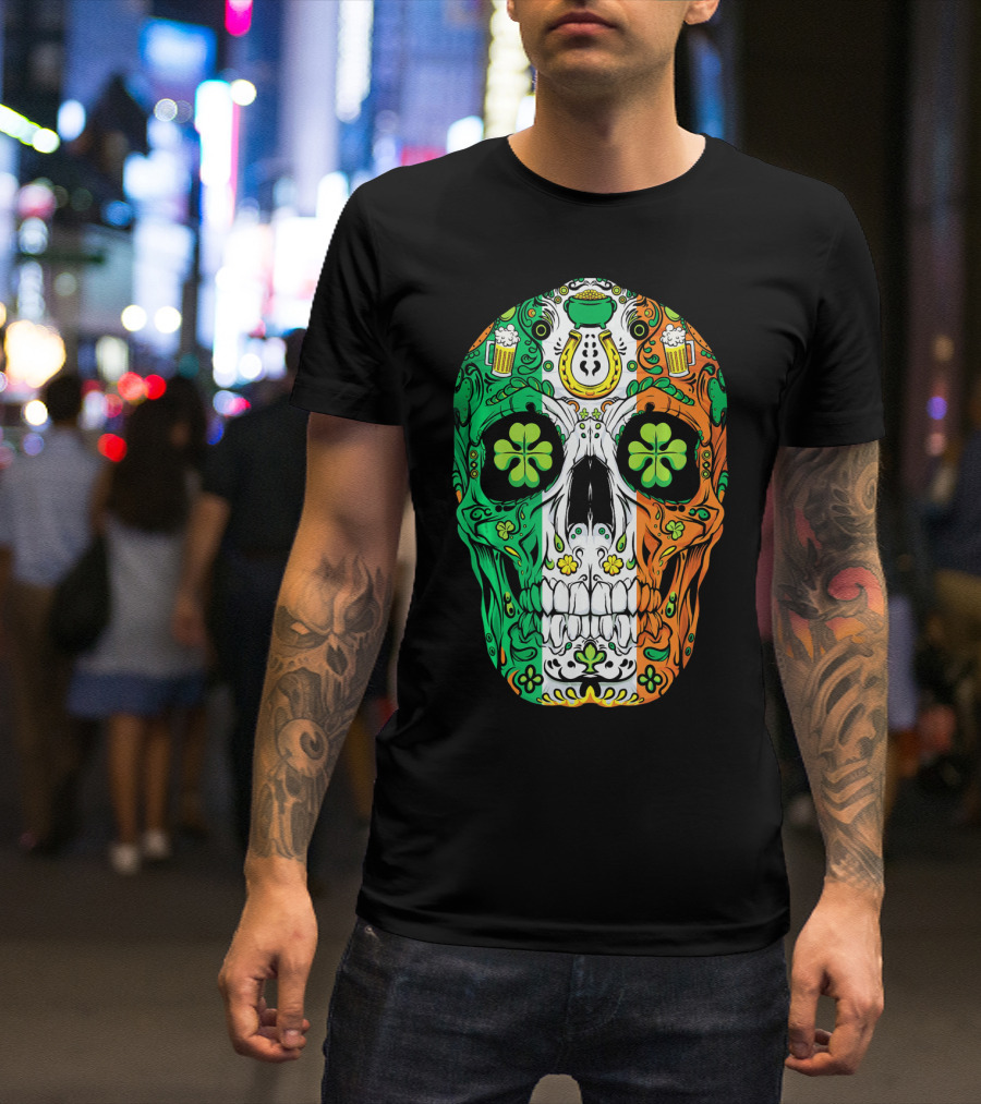 Sugar Skull Irish Leprechaun Shamrock St Patrick's Day T-Shirt