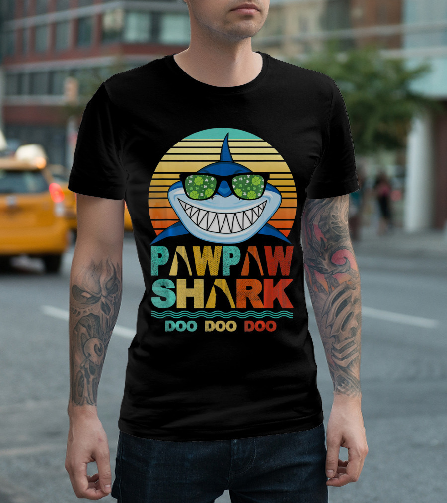Pawpaw Shark Doo Doo Doo Sunglasses Retro Sunburst T-Shirt