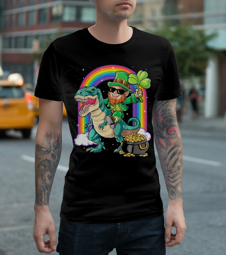 Leprechaun Riding Dinosaur T-Rex Shamrock Rainbow Pot of Gold St Pat's Day T-Shirt