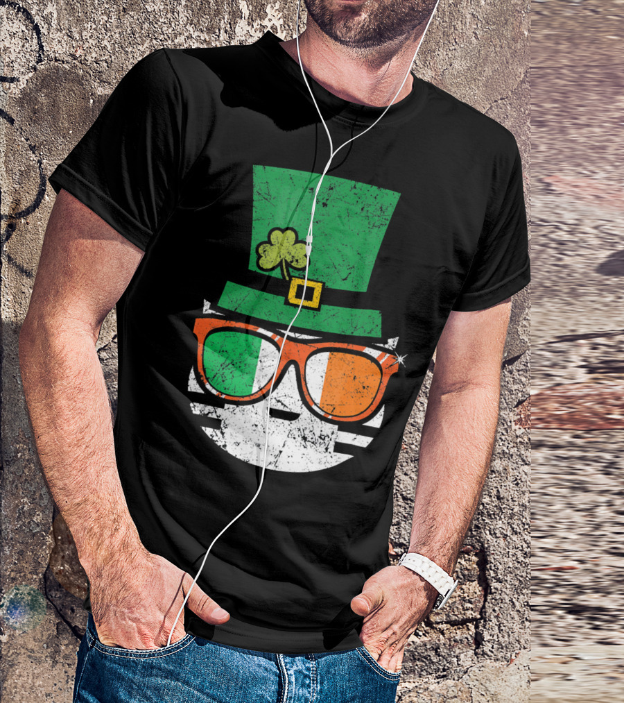 St Patricks Day Irish Cat With Shamrock Hat And Flag Sunglasses T-Shirt