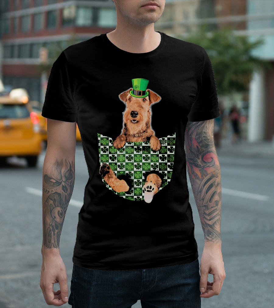 Airedale Terrier Pocket Patrick Hat Green Shamrocks T-Shirt