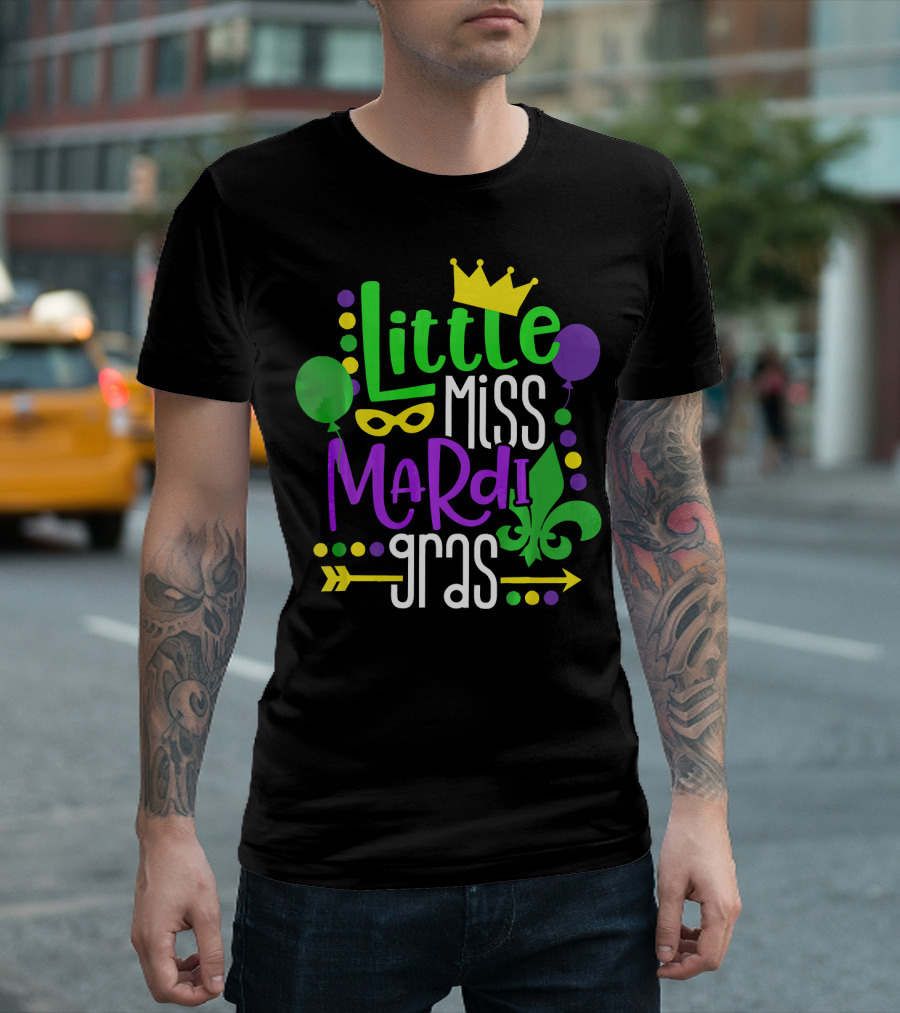 Little Miss Mardi Gras Crown Balloons Mask Fleur De Lis T-Shirt