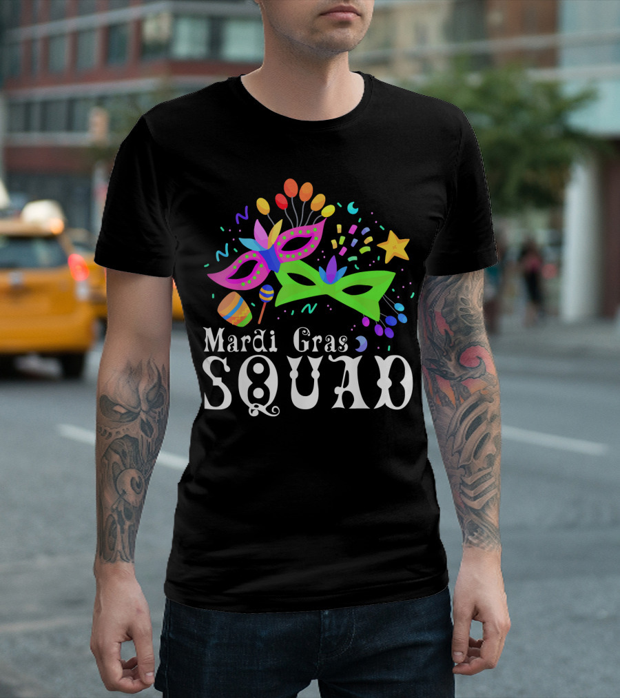 Mardi Gras Squad Mask Beads Confetti Celebration Fun T-Shirt