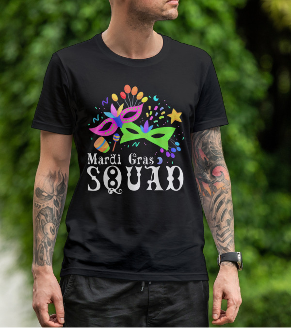 Mardi Gras Squad Mask Beads Confetti Celebration Fun T-Shirt