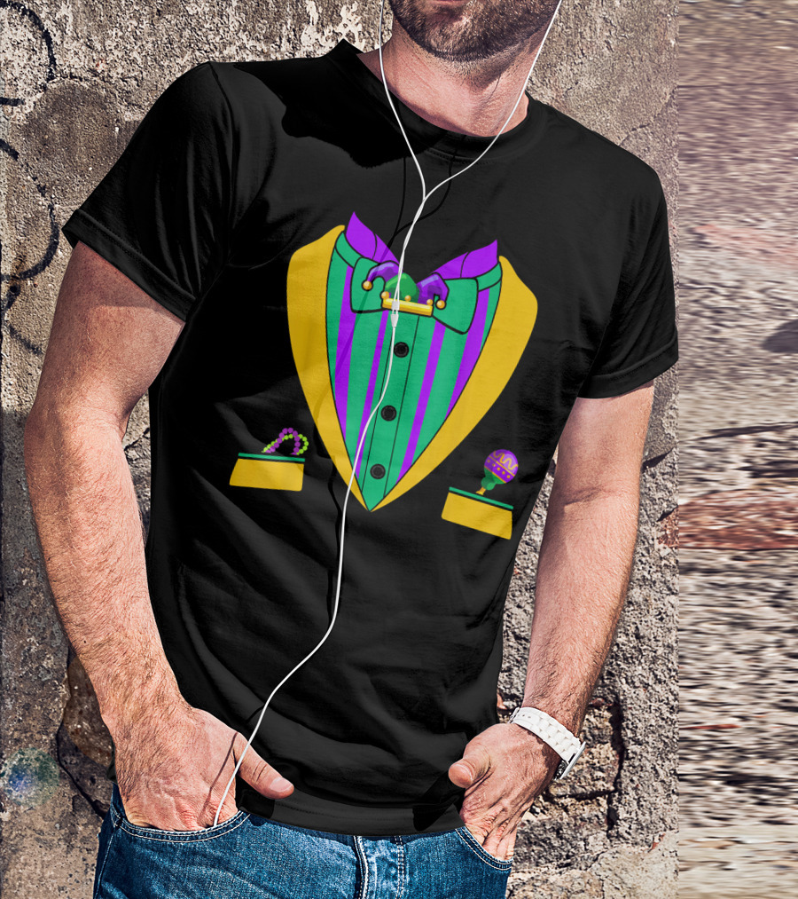 Mardi Gras Tuxedo Vest Costume Funny Maracas And Beads T-Shirt