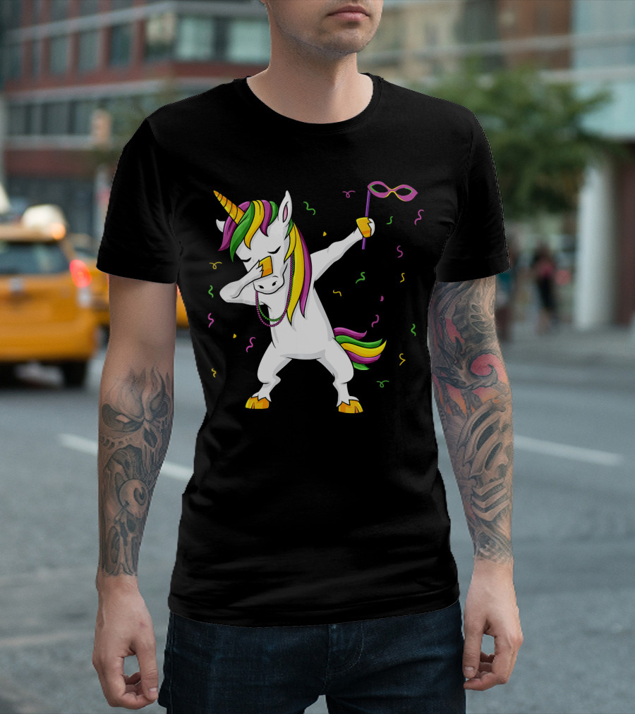Dabbing Unicorn Mardi Gras Mask Colorful Fun Girls T-Shirt