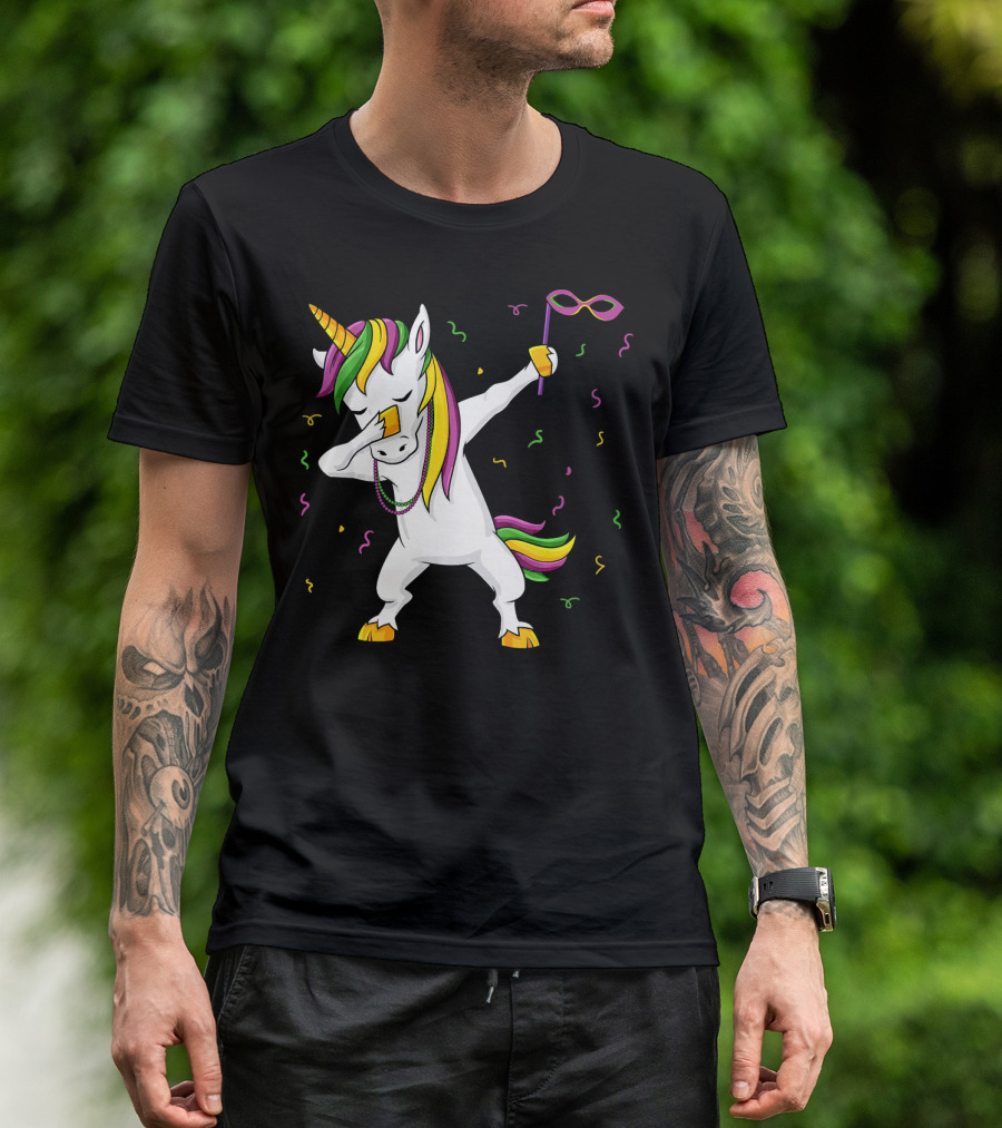 Dabbing Unicorn Mardi Gras Mask Colorful Fun Girls T-Shirt