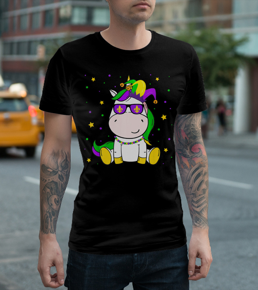 Mardi Gras Unicorn Kids Carnival Festival Jester Fleur-De-Lis Beads T-Shirt