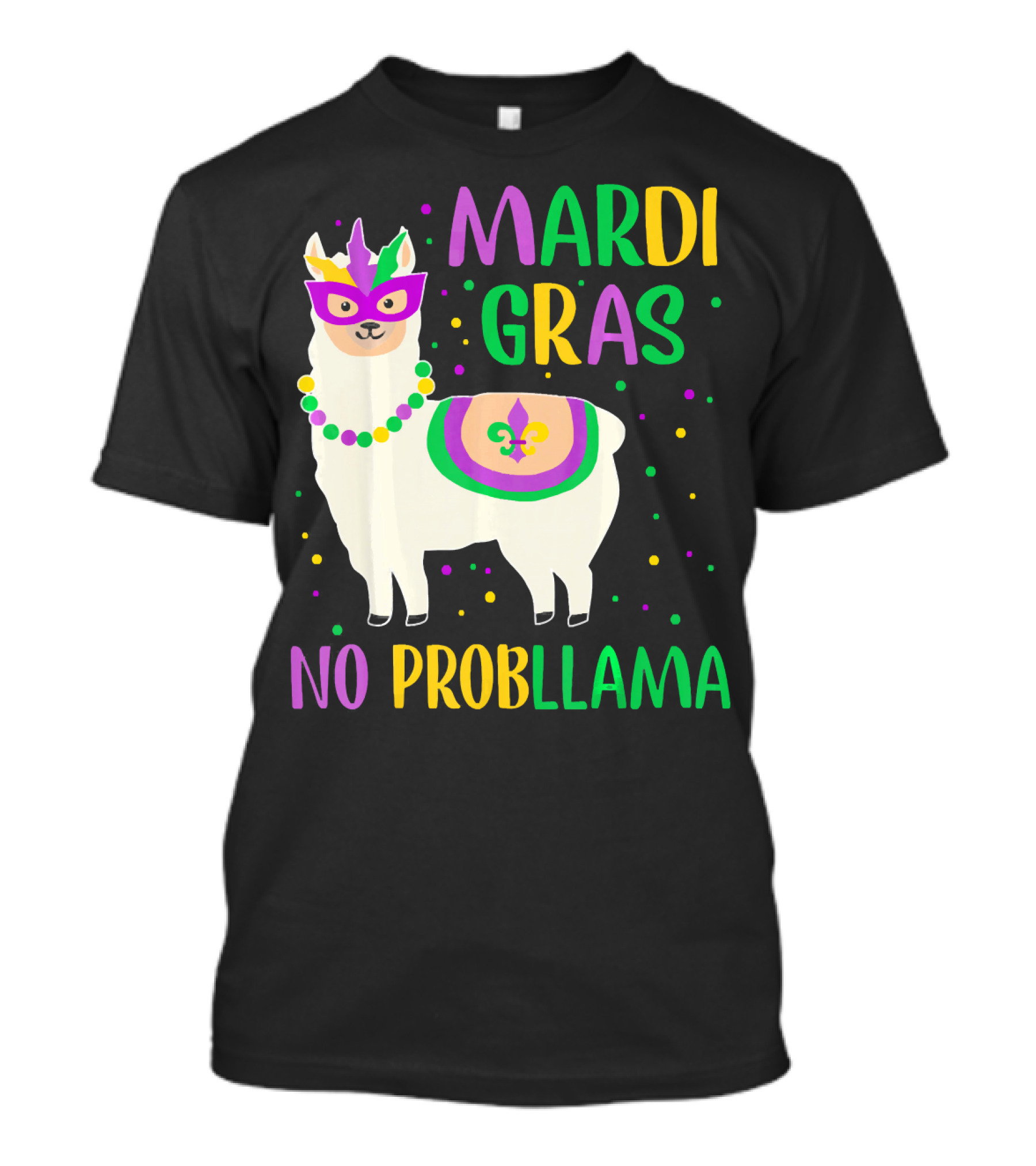 Mardi Gras No Probllama Llama Mask Beads Fleur-de-Lis T-Shirt