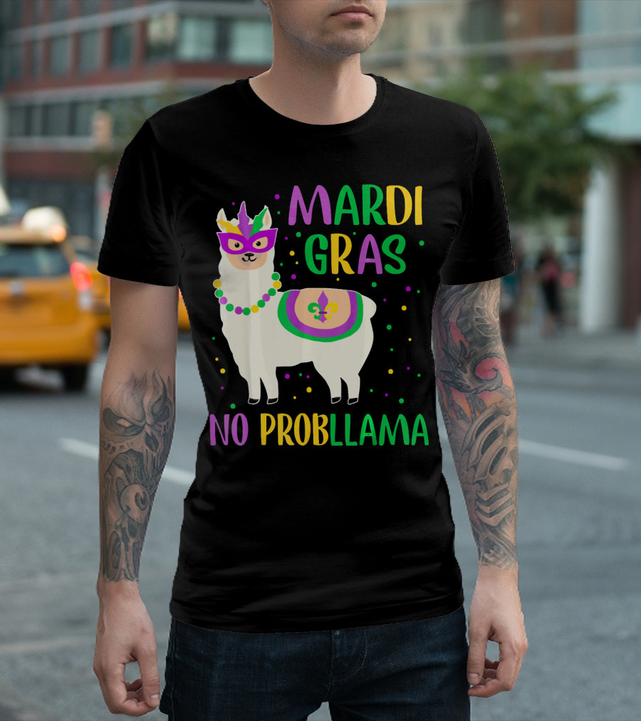 Mardi Gras No Probllama Llama Mask Beads Fleur-de-Lis T-Shirt