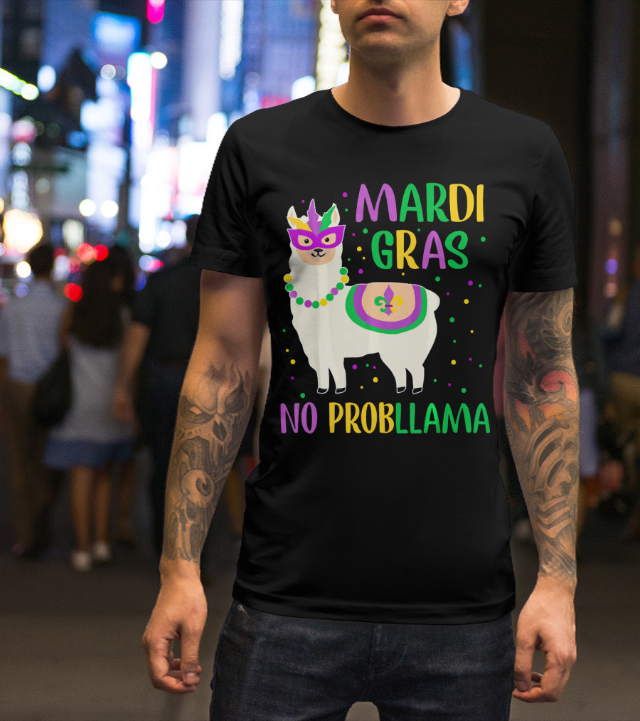 Mardi Gras No Probllama Llama Mask Beads Fleur-de-Lis T-Shirt