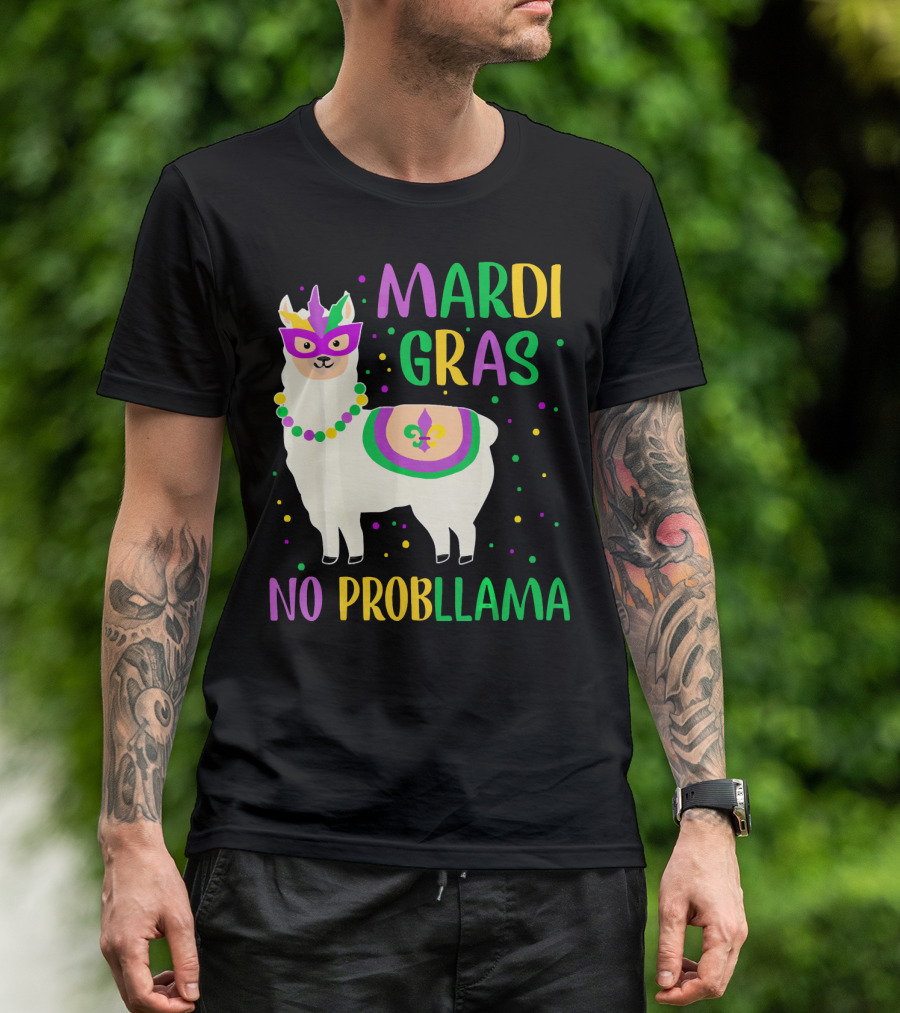 Mardi Gras No Probllama Llama Mask Beads Fleur-de-Lis T-Shirt