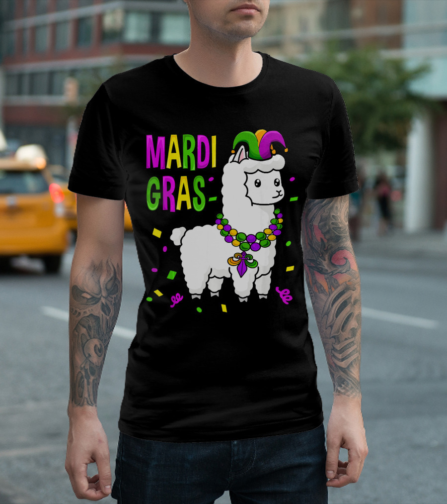 Mardi Gras Llama Jester New Orleans Beads Confetti T-Shirt