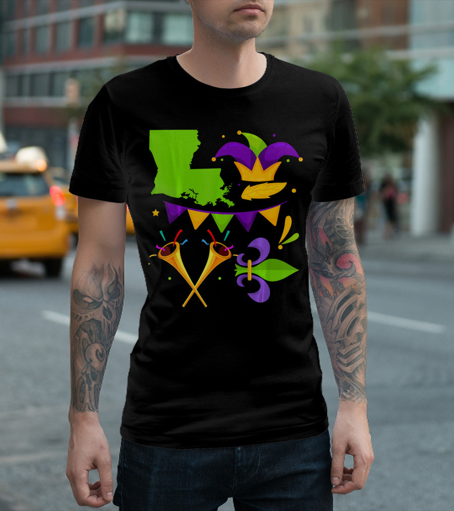 I Love Mardi Gras Louisiana Fleur De Lis Jester Hat Trumpets Bunting T-Shirt