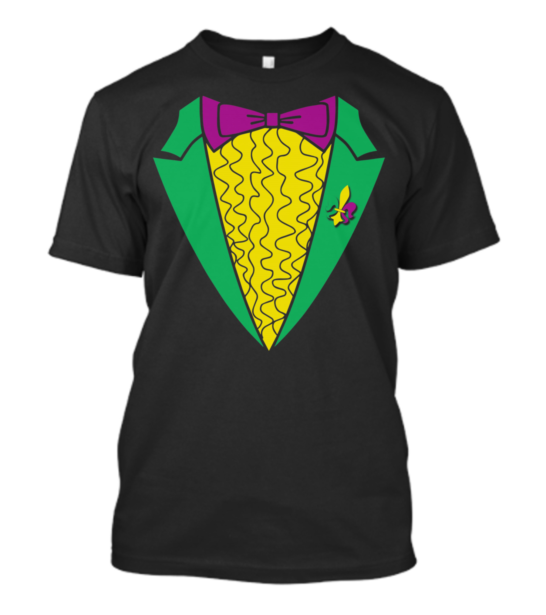 Mardi Gras Tuxedo Costume Party Green Jacket Purple Bow Tie Fleur De Lis T-Shirt