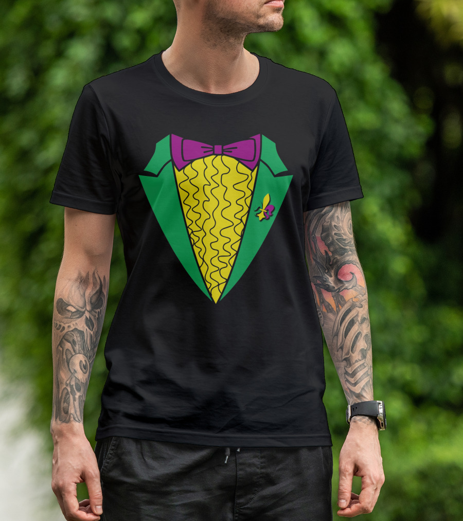 Mardi Gras Tuxedo Costume Party Green Jacket Purple Bow Tie Fleur De Lis T-Shirt