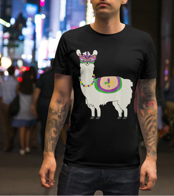 Mardi Gras Llama With Fleur-de-Lis Beads And Mask For Funny Carnival Party T-Shirt